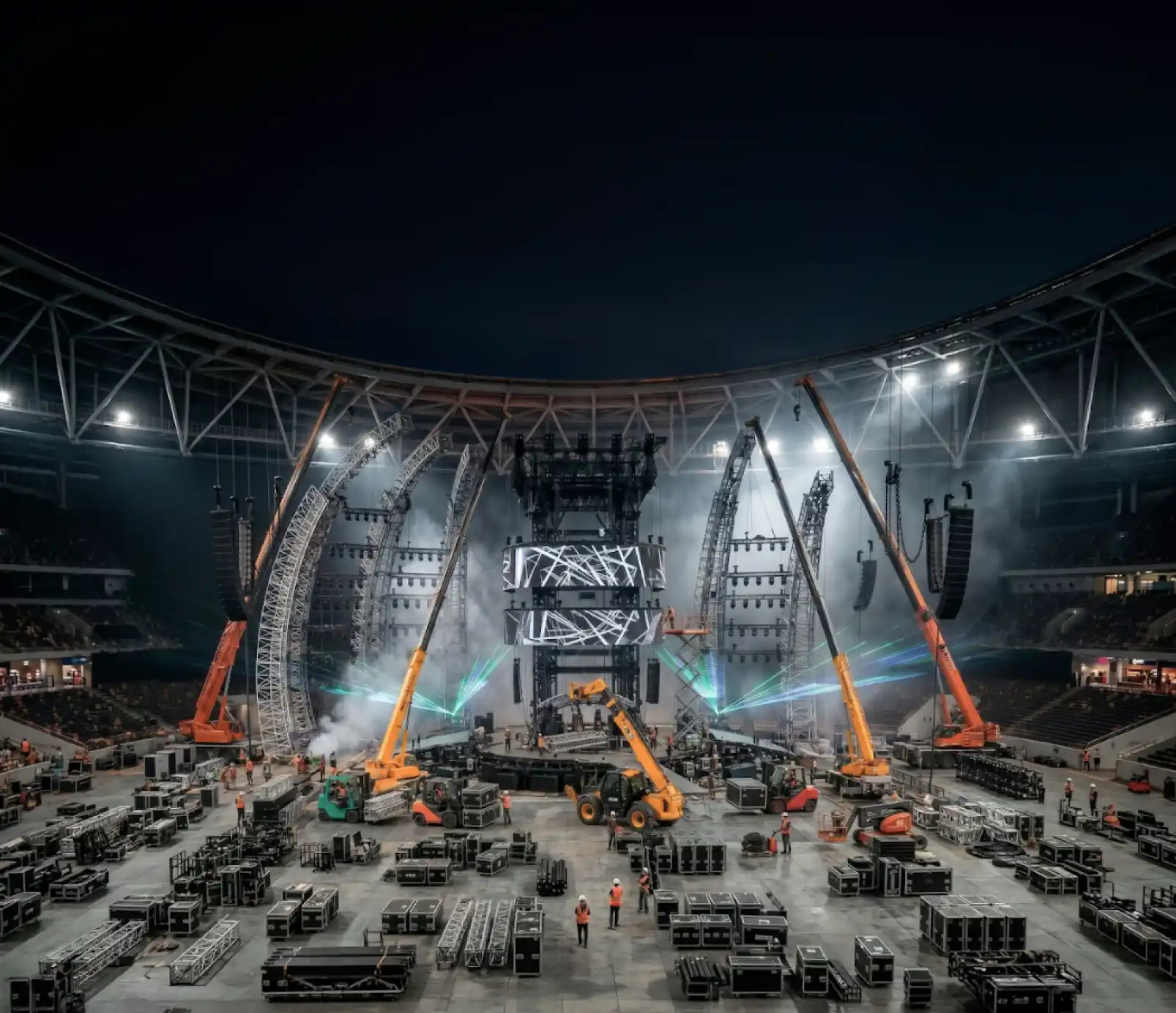 Montagem de palco com máquinas pesadas